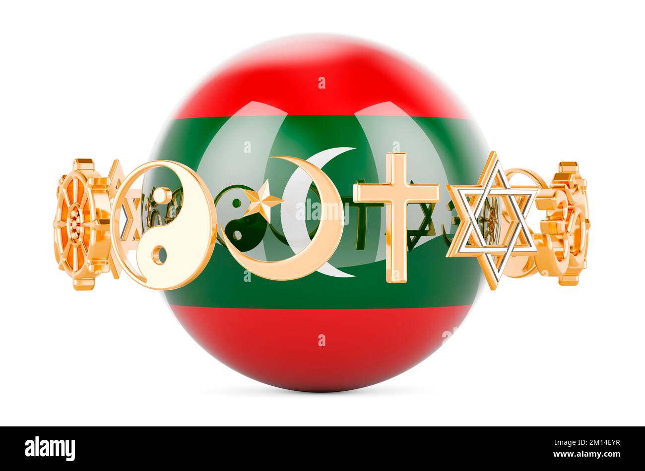 Maldivian flag painted on sphere with religions symbols around, 3D rendering isolated on white background Stock Photo