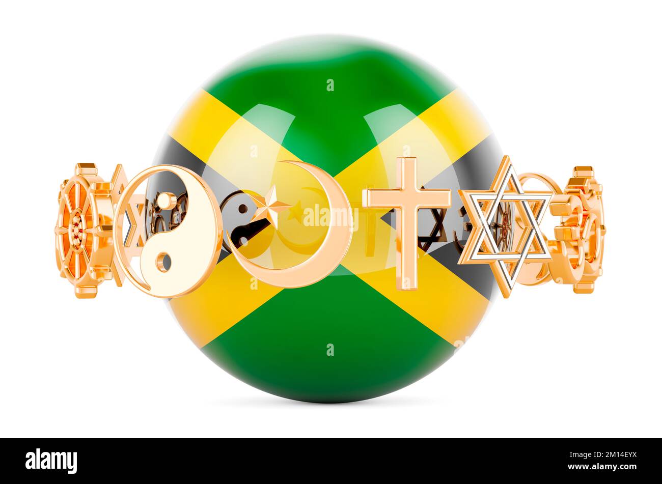Jamaican flag painted on sphere with religions symbols around, 3D rendering isolated on white background Stock Photo