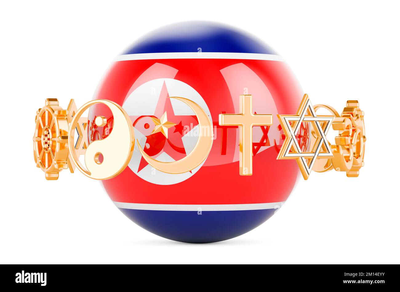 North Korean flag painted on sphere with religions symbols around, 3D rendering isolated on white background Stock Photo