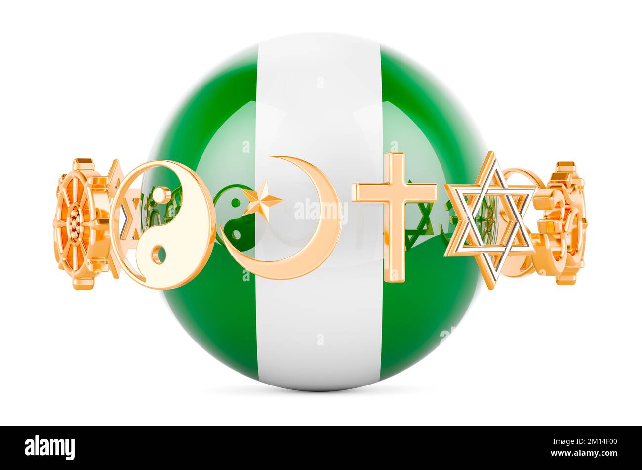 Nigerian flag painted on sphere with religions symbols around, 3D rendering isolated on white background Stock Photo