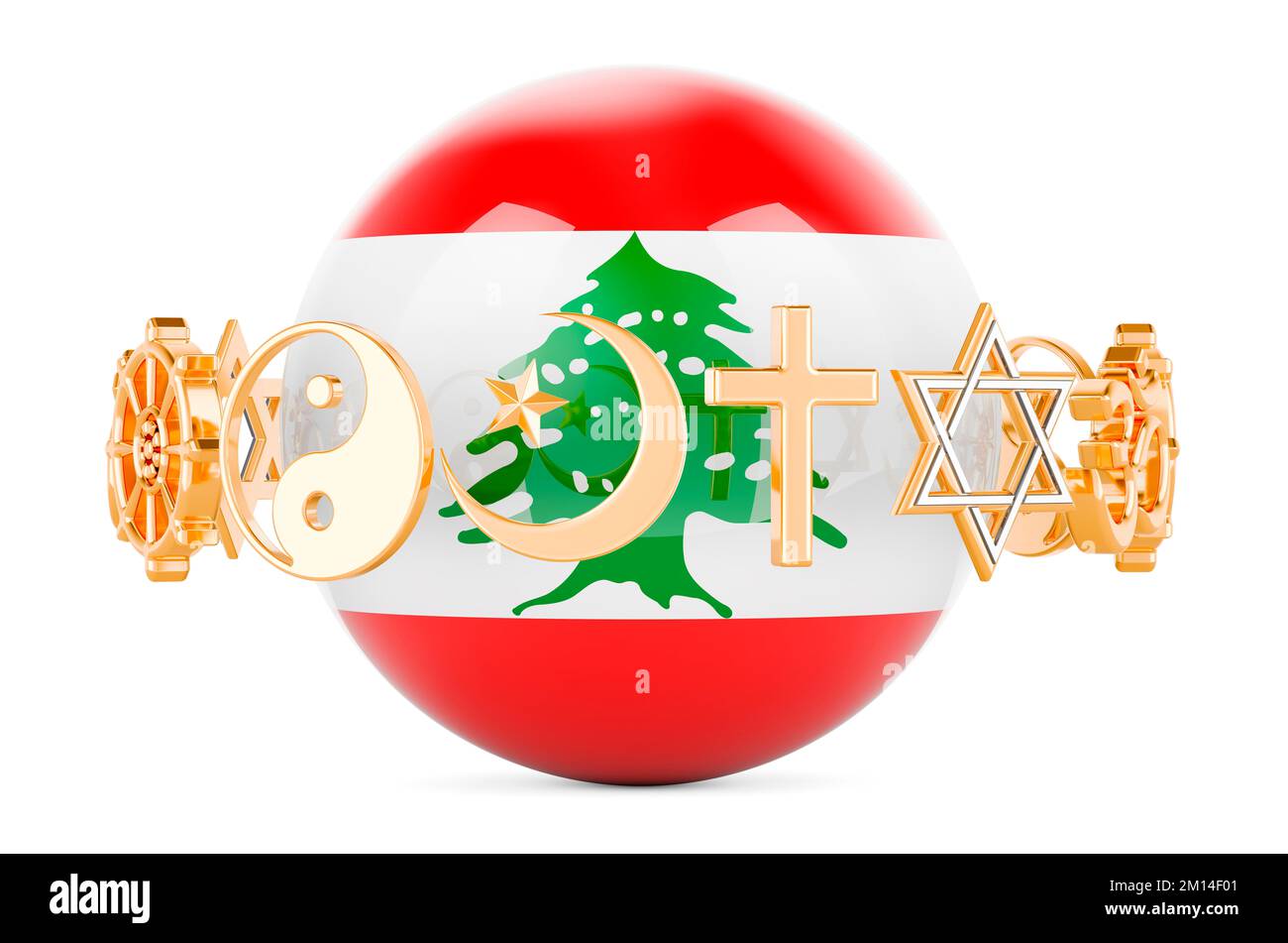 Lebanese flag painted on sphere with religions symbols around, 3D rendering isolated on white background Stock Photo