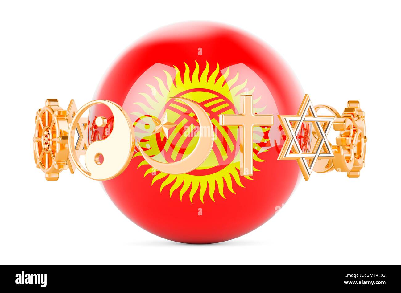 Kyrgyz flag painted on sphere with religions symbols around, 3D rendering isolated on white background Stock Photo