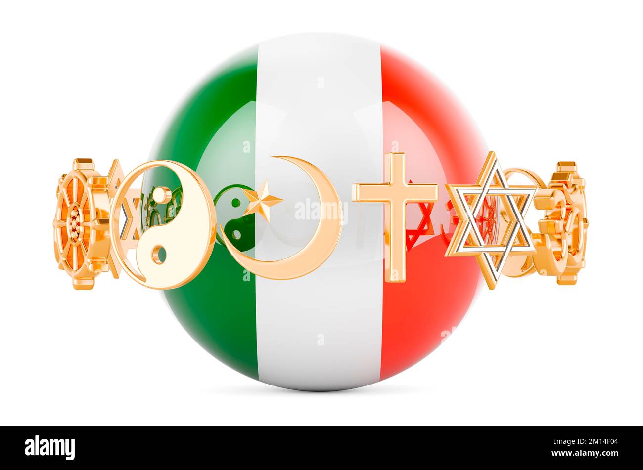 Irish flag painted on sphere with religions symbols around, 3D rendering isolated on white background Stock Photo