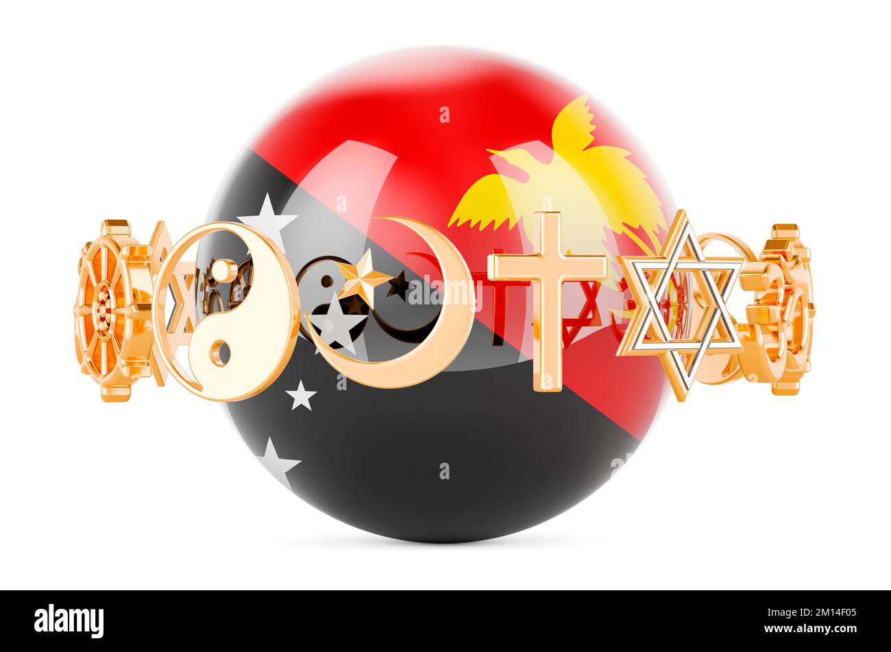 Papuan New Guinean flag painted on sphere with religions symbols around, 3D rendering isolated on white background Stock Photo