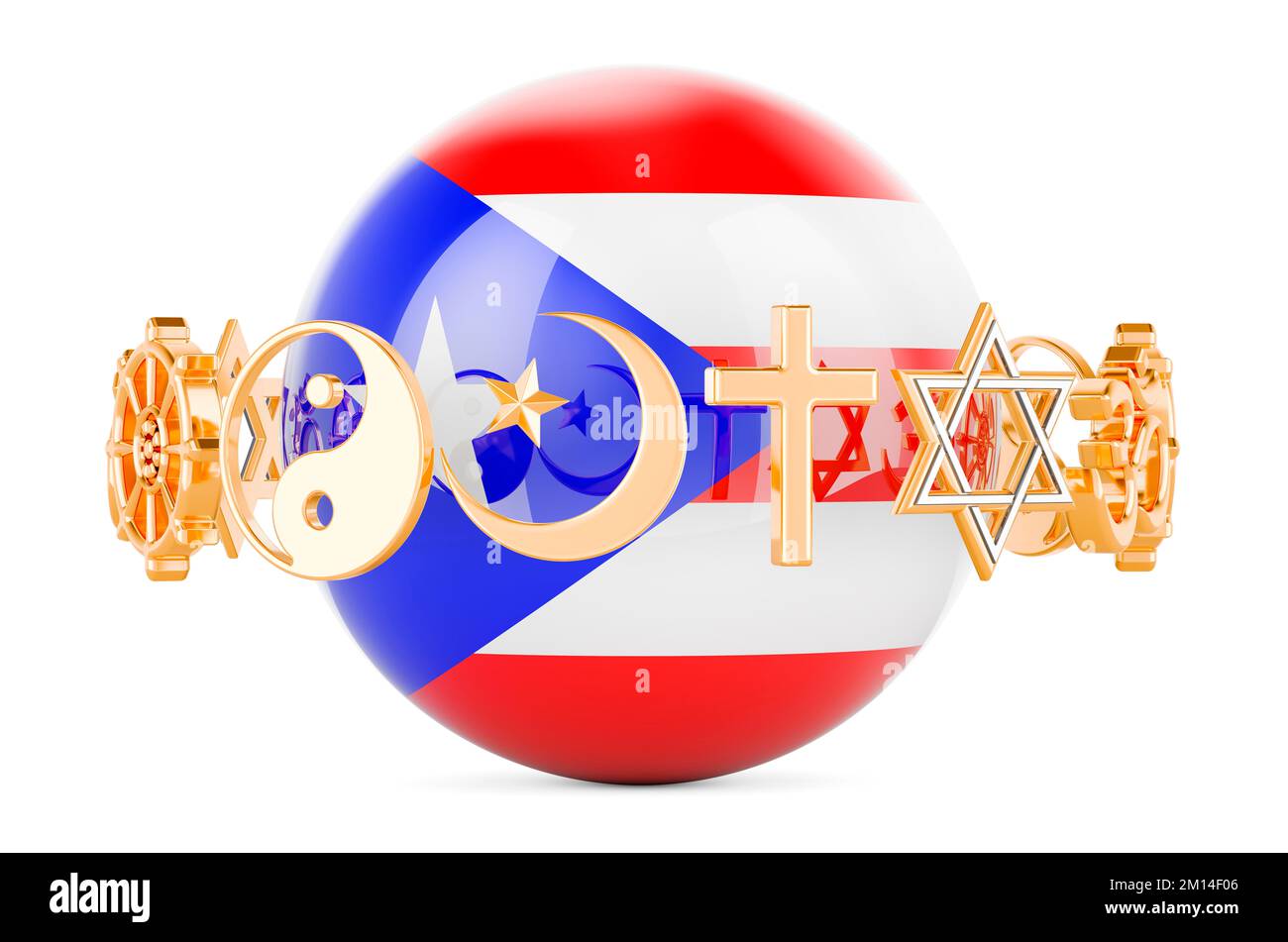 Puerto Rican flag painted on sphere with religions symbols around, 3D rendering isolated on white background Stock Photo