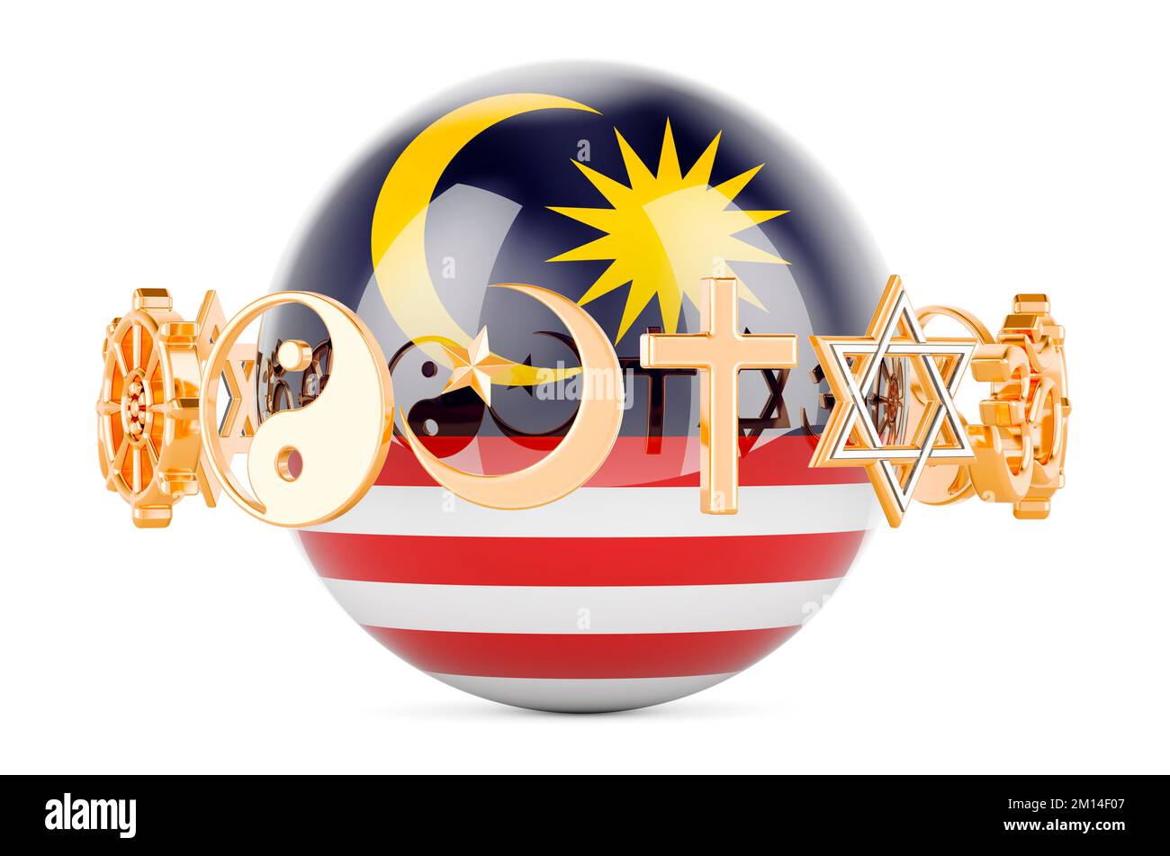 Malaysian flag painted on sphere with religions symbols around, 3D rendering isolated on white background Stock Photo