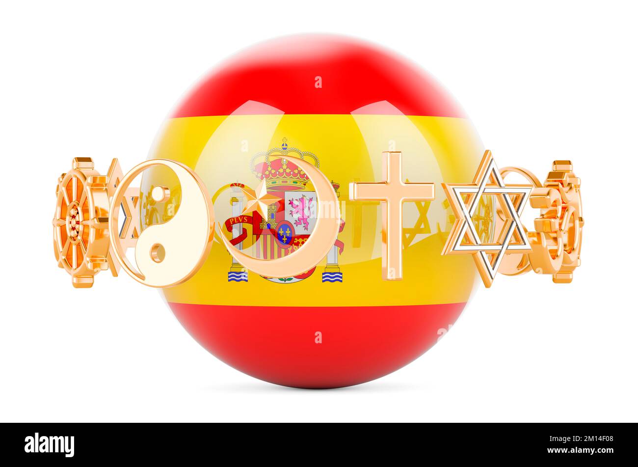 Spanish flag painted on sphere with religions symbols around, 3D rendering isolated on white background Stock Photo