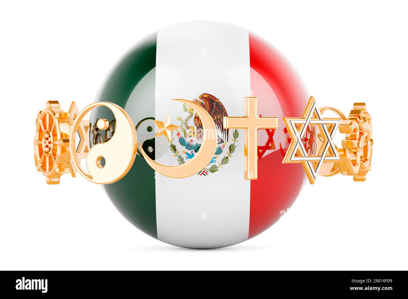Mexican flag painted on sphere with religions symbols around, 3D rendering isolated on white background Stock Photo