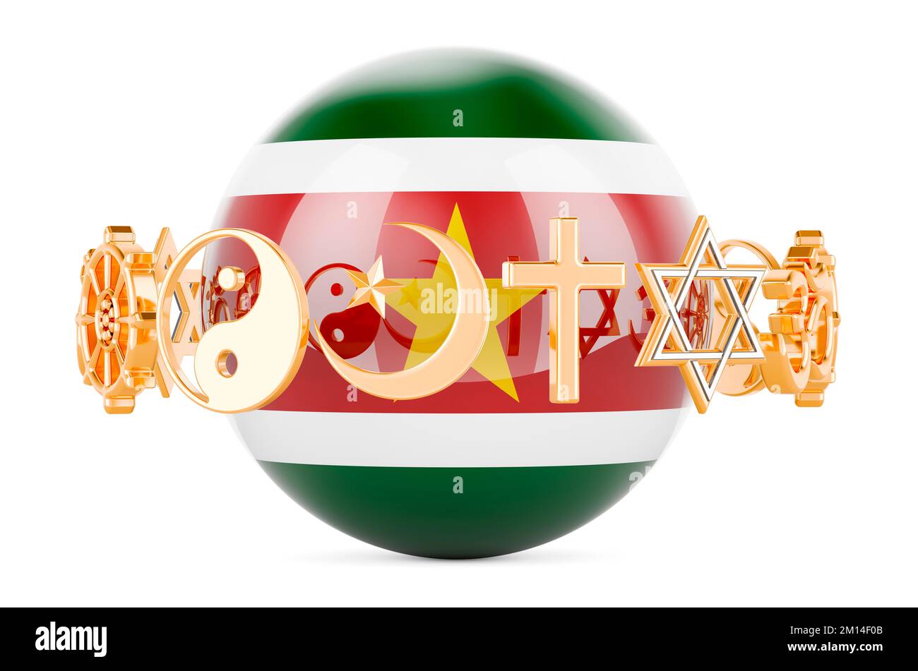 Surinamese flag painted on sphere with religions symbols around, 3D rendering isolated on white background Stock Photo