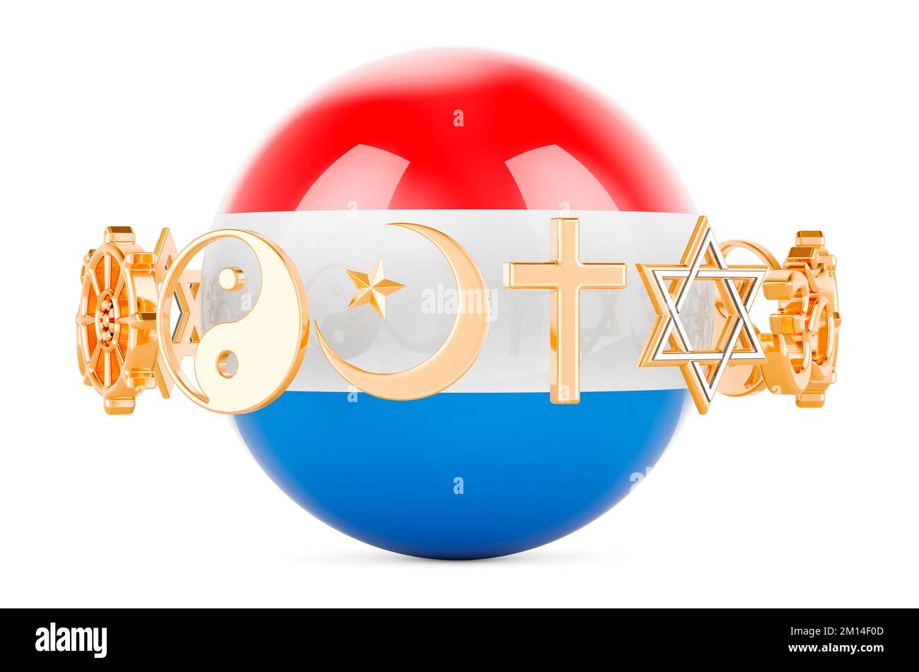 Luxembourgish flag painted on sphere with religions symbols around, 3D rendering isolated on white background Stock Photo