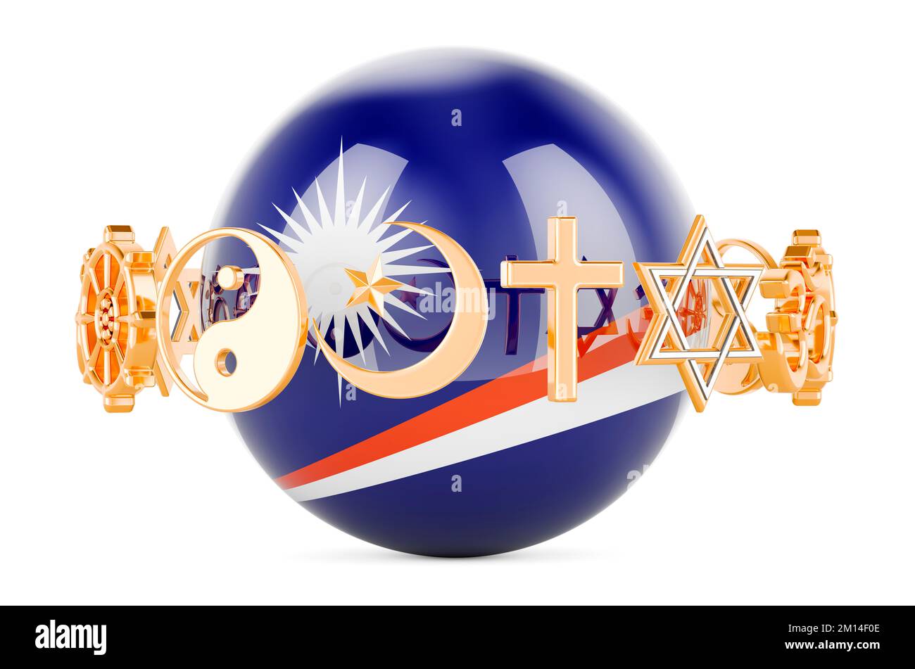 Marshallese flag painted on sphere with religions symbols around, 3D rendering isolated on white background Stock Photo