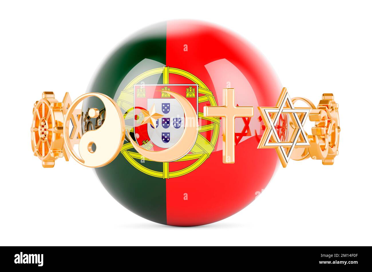 Portuguese flag painted on sphere with religions symbols around, 3D rendering isolated on white background Stock Photo