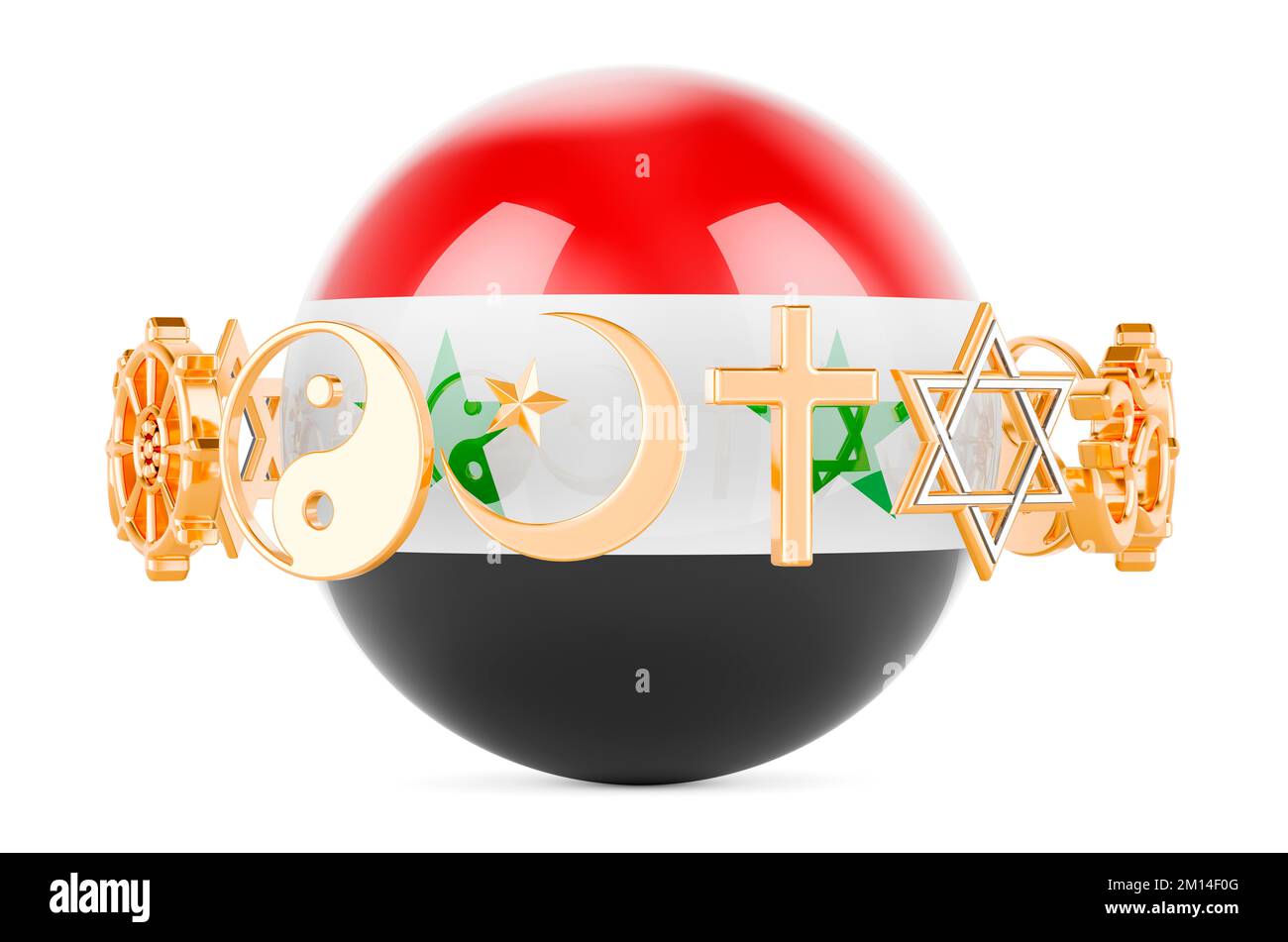 Syrian flag painted on sphere with religions symbols around, 3D rendering isolated on white background Stock Photo