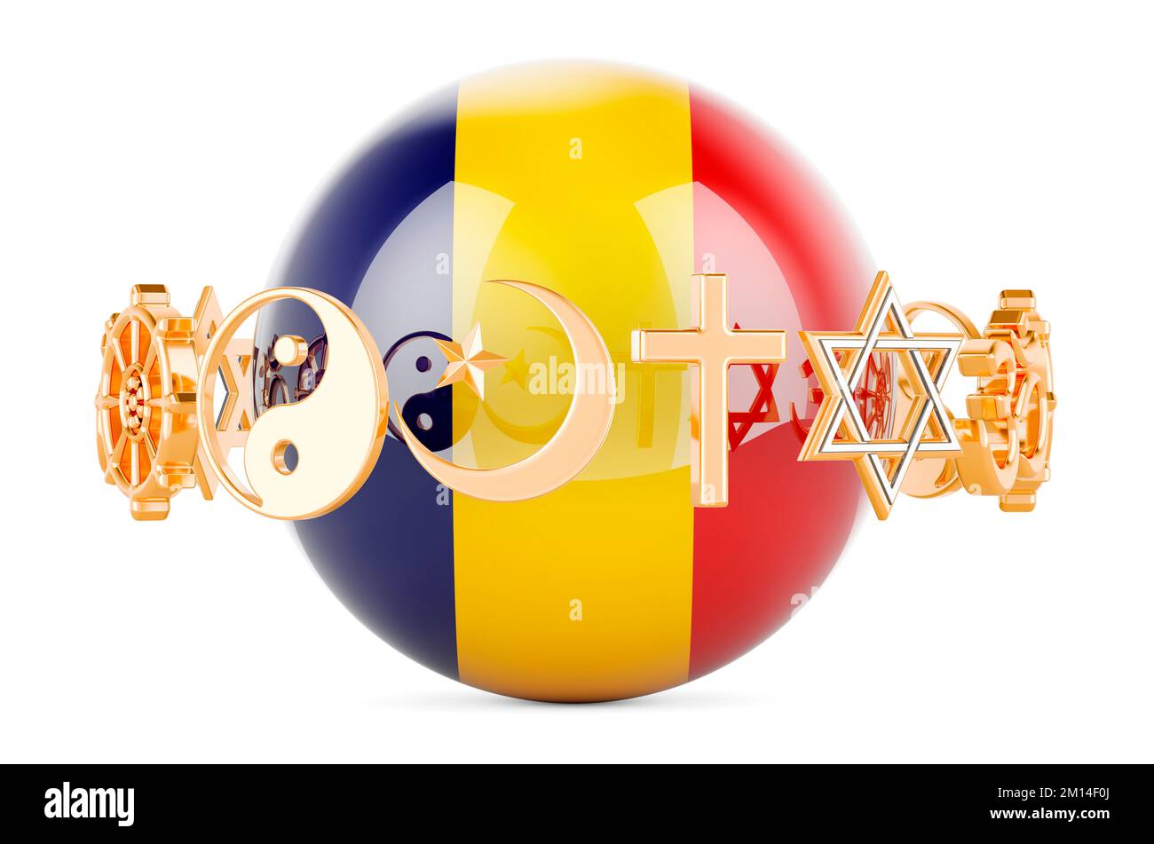 Romanian flag painted on sphere with religions symbols around, 3D rendering isolated on white background Stock Photo