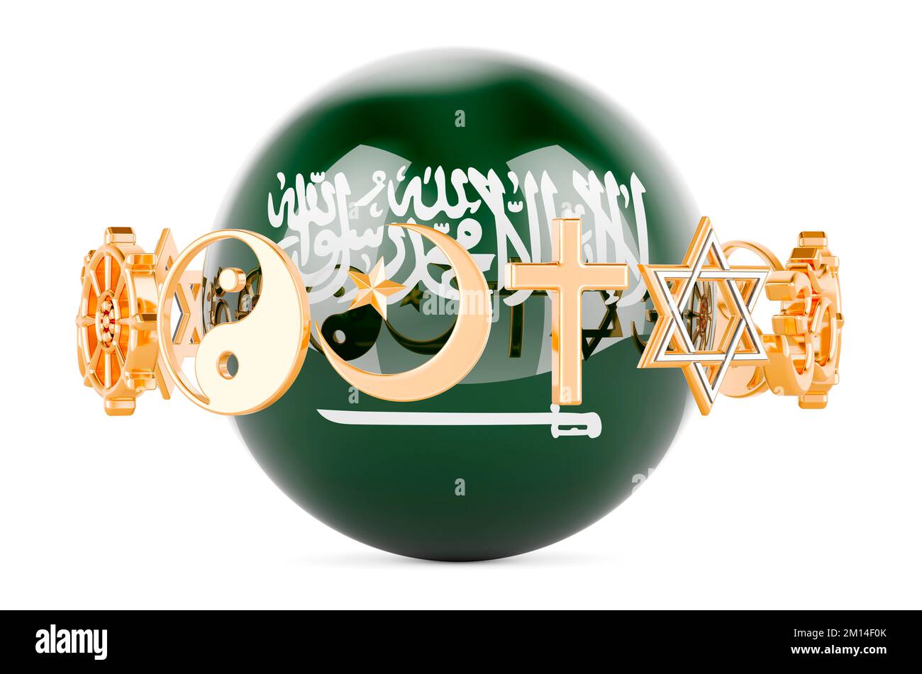 Saudi Arabian flag painted on sphere with religions symbols around, 3D rendering isolated on white background Stock Photo