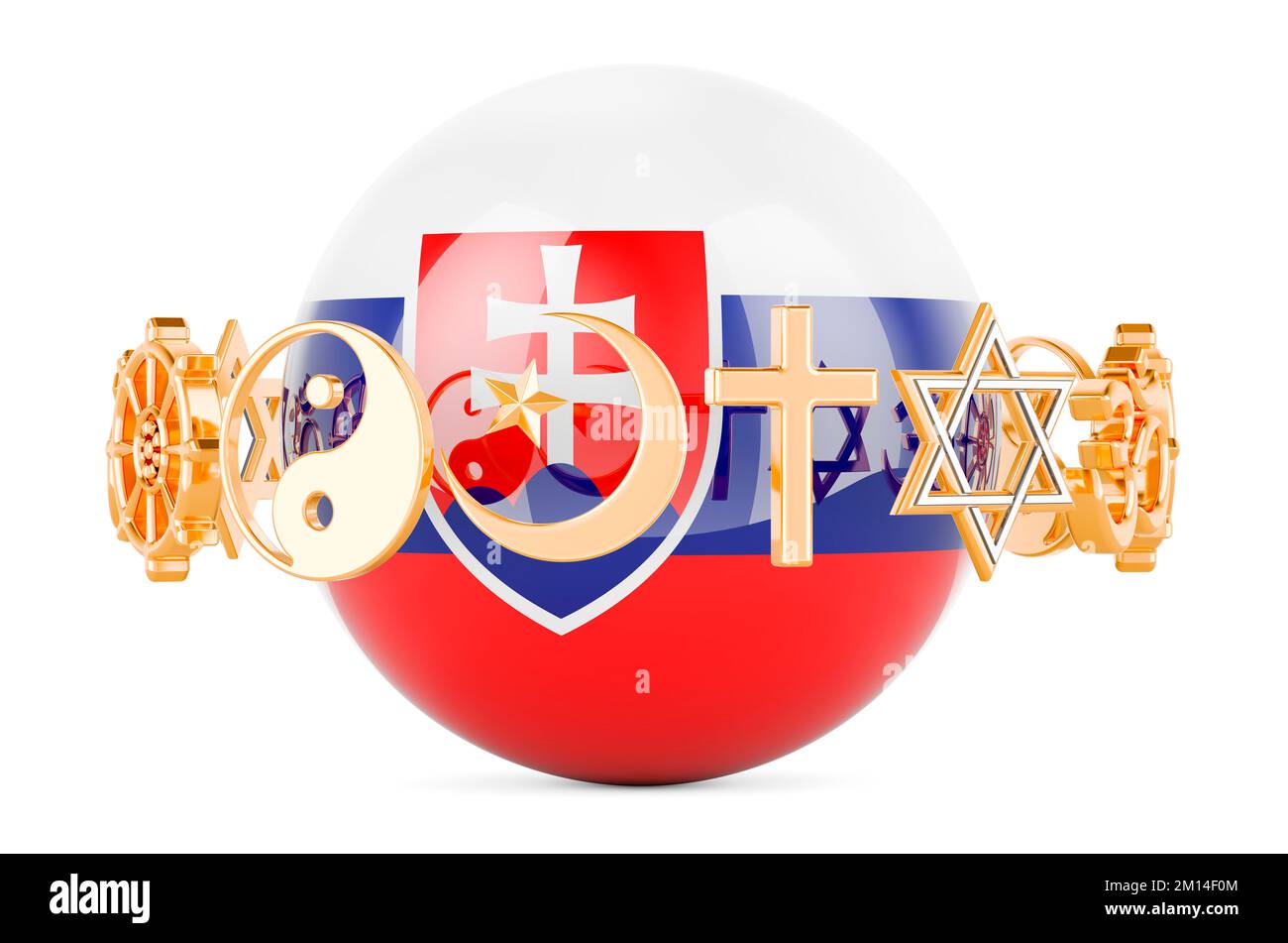 Slovak flag painted on sphere with religions symbols around, 3D rendering isolated on white background Stock Photo