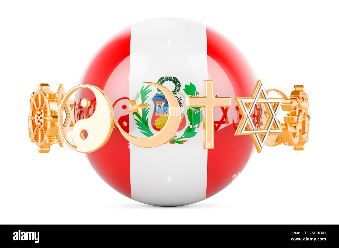Peruvian flag painted on sphere with religions symbols around, 3D rendering isolated on white background Stock Photo