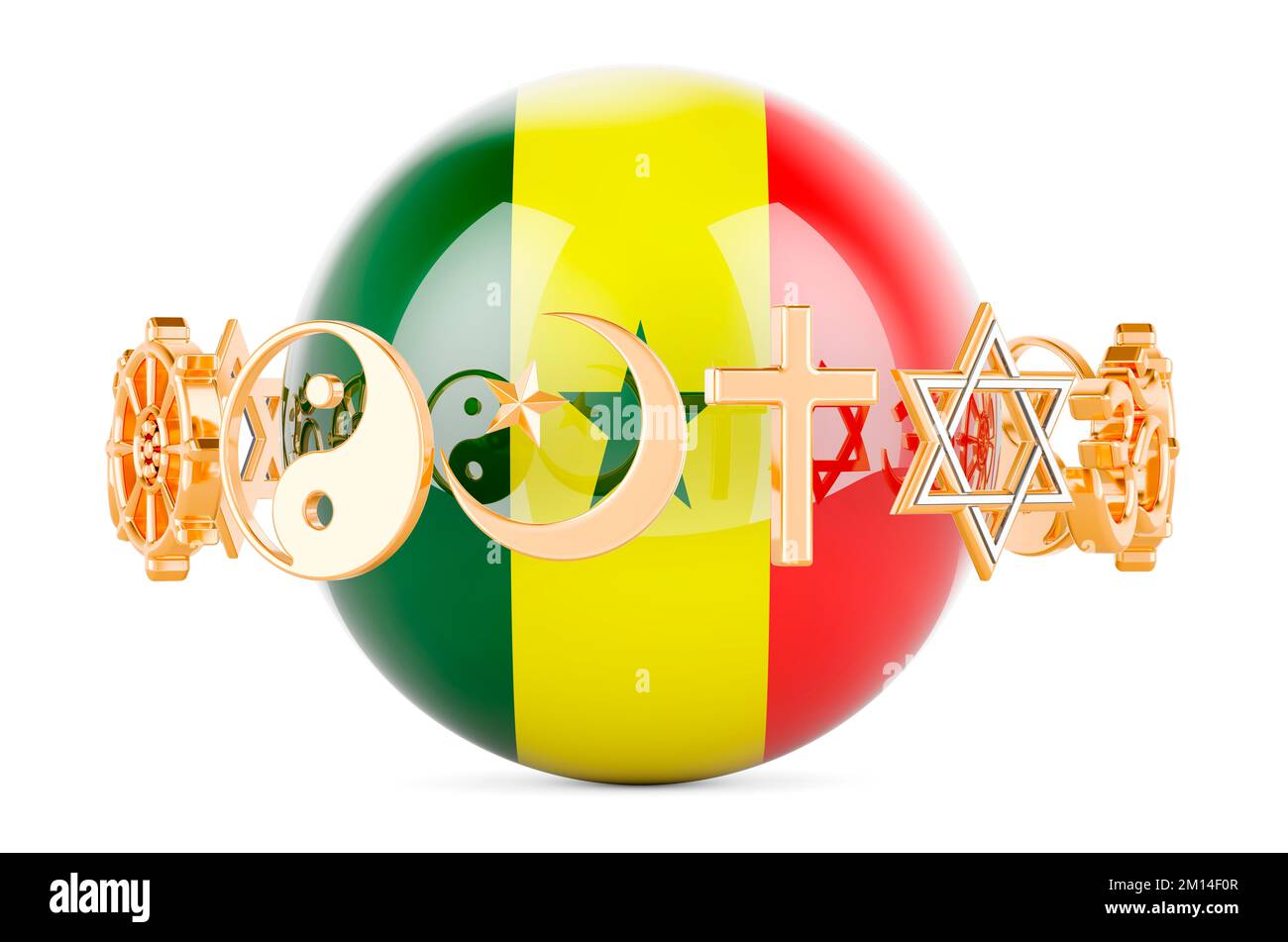 Senegalese flag painted on sphere with religions symbols around, 3D rendering isolated on white background Stock Photo