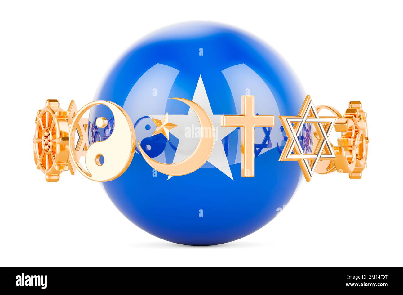 Somali flag painted on sphere with religions symbols around, 3D rendering isolated on white background Stock Photo