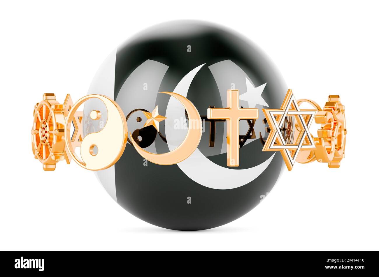 Pakistani flag painted on sphere with religions symbols around, 3D rendering isolated on white background Stock Photo