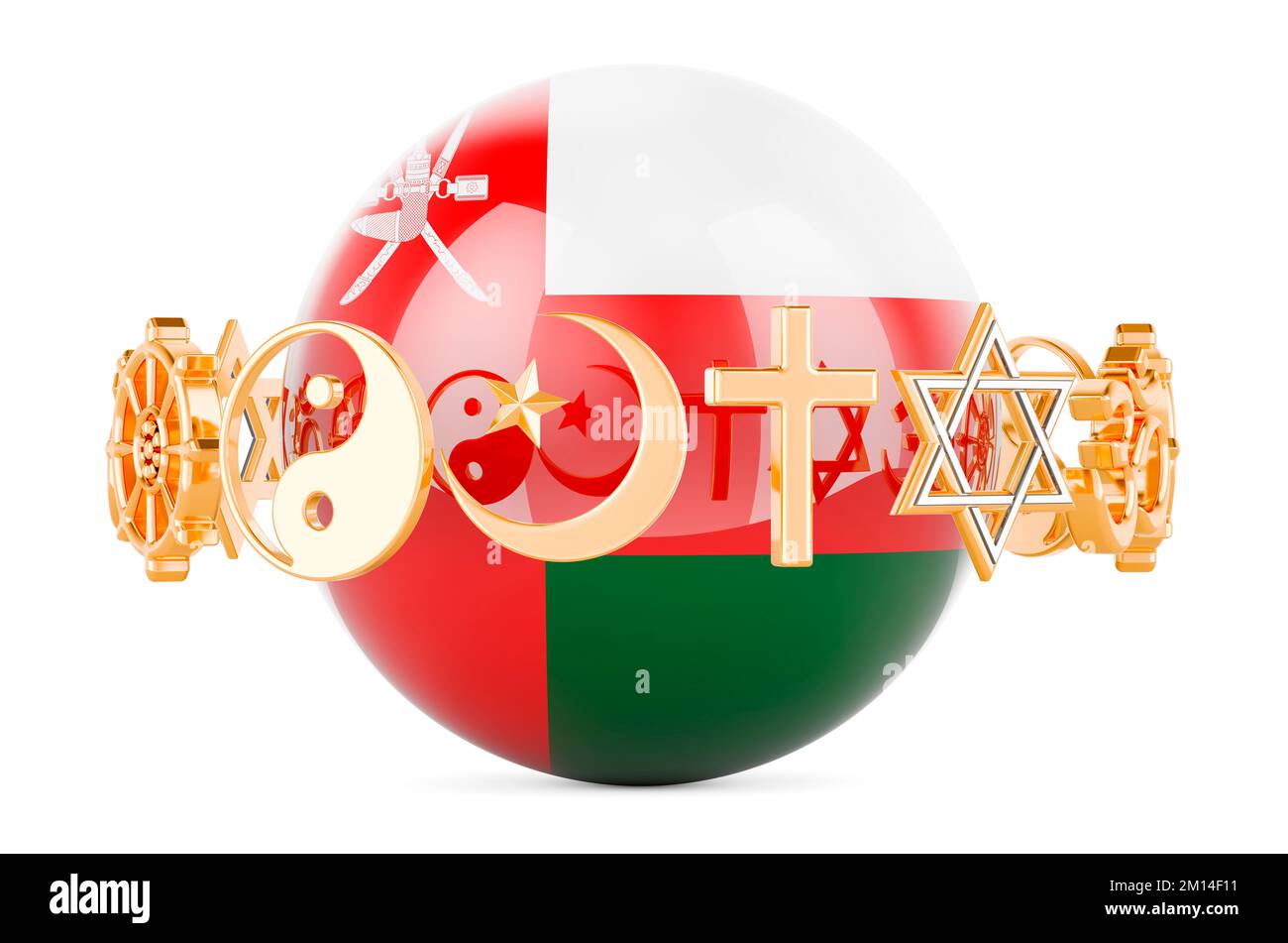 Omani flag painted on sphere with religions symbols around, 3D rendering isolated on white background Stock Photo