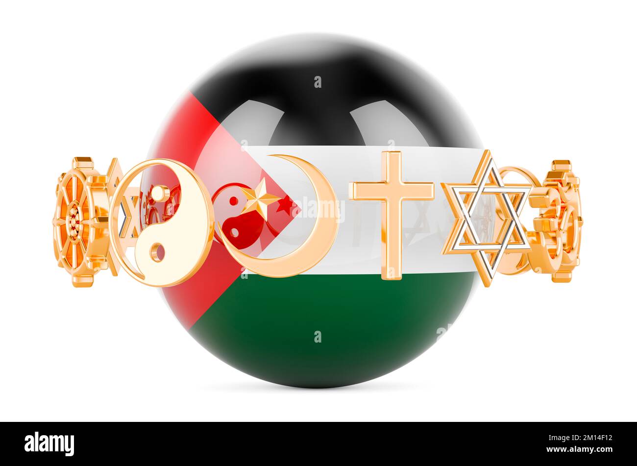 Palestinian flag painted on sphere with religions symbols around, 3D rendering isolated on white background Stock Photo