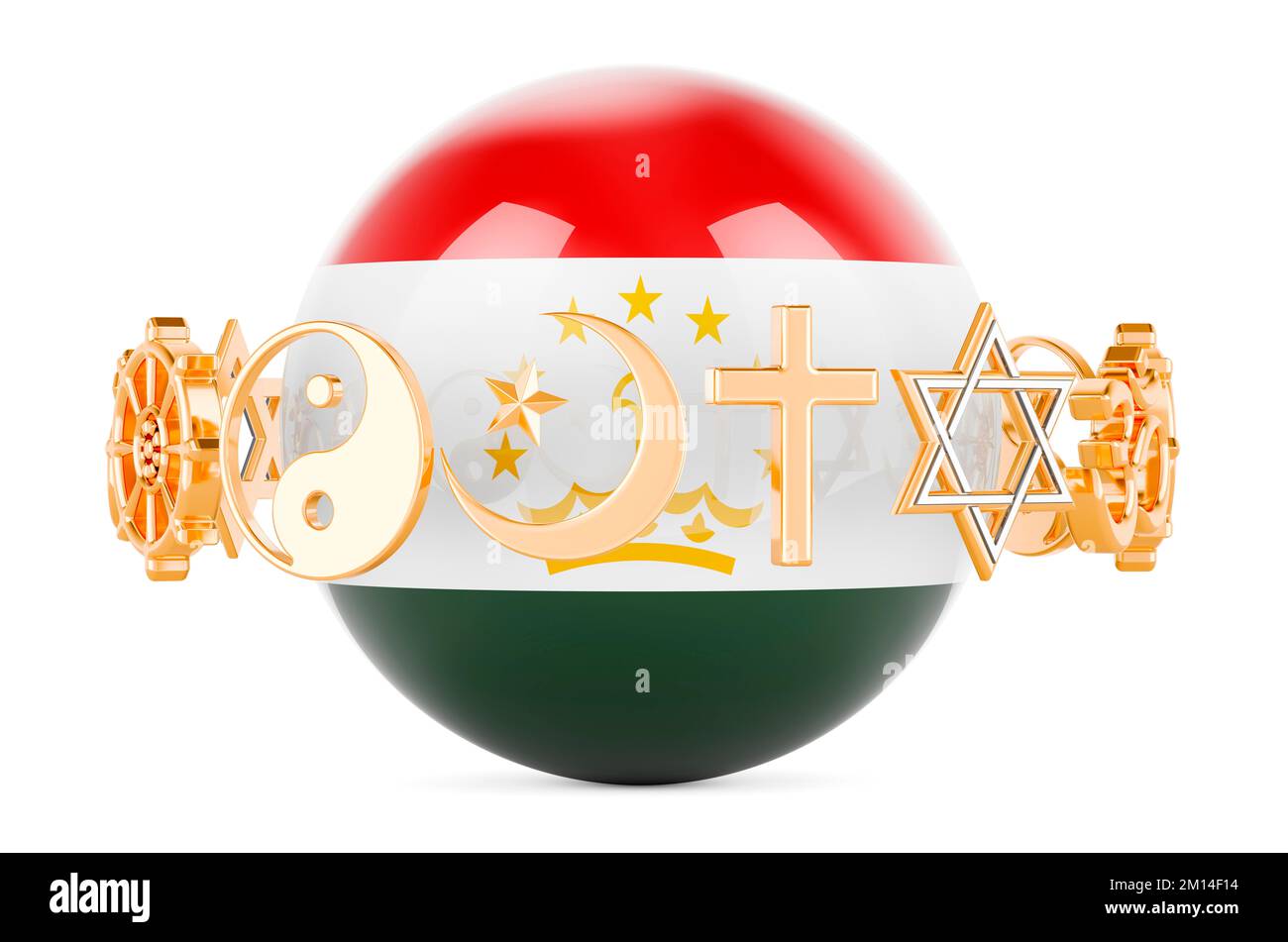 Tajik flag painted on sphere with religions symbols around, 3D rendering isolated on white background Stock Photo