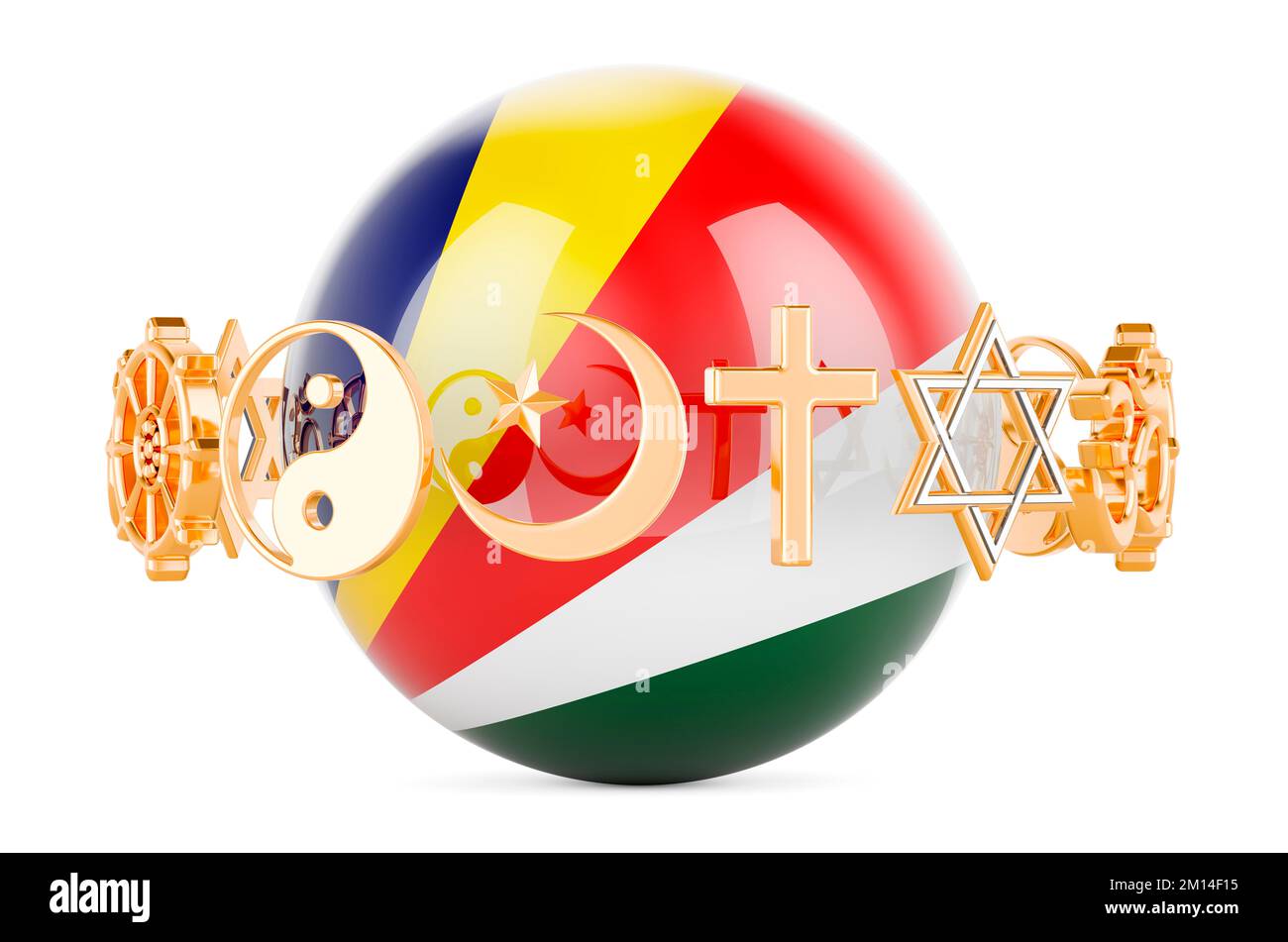 Seychelloise flag painted on sphere with religions symbols around, 3D rendering isolated on white background Stock Photo