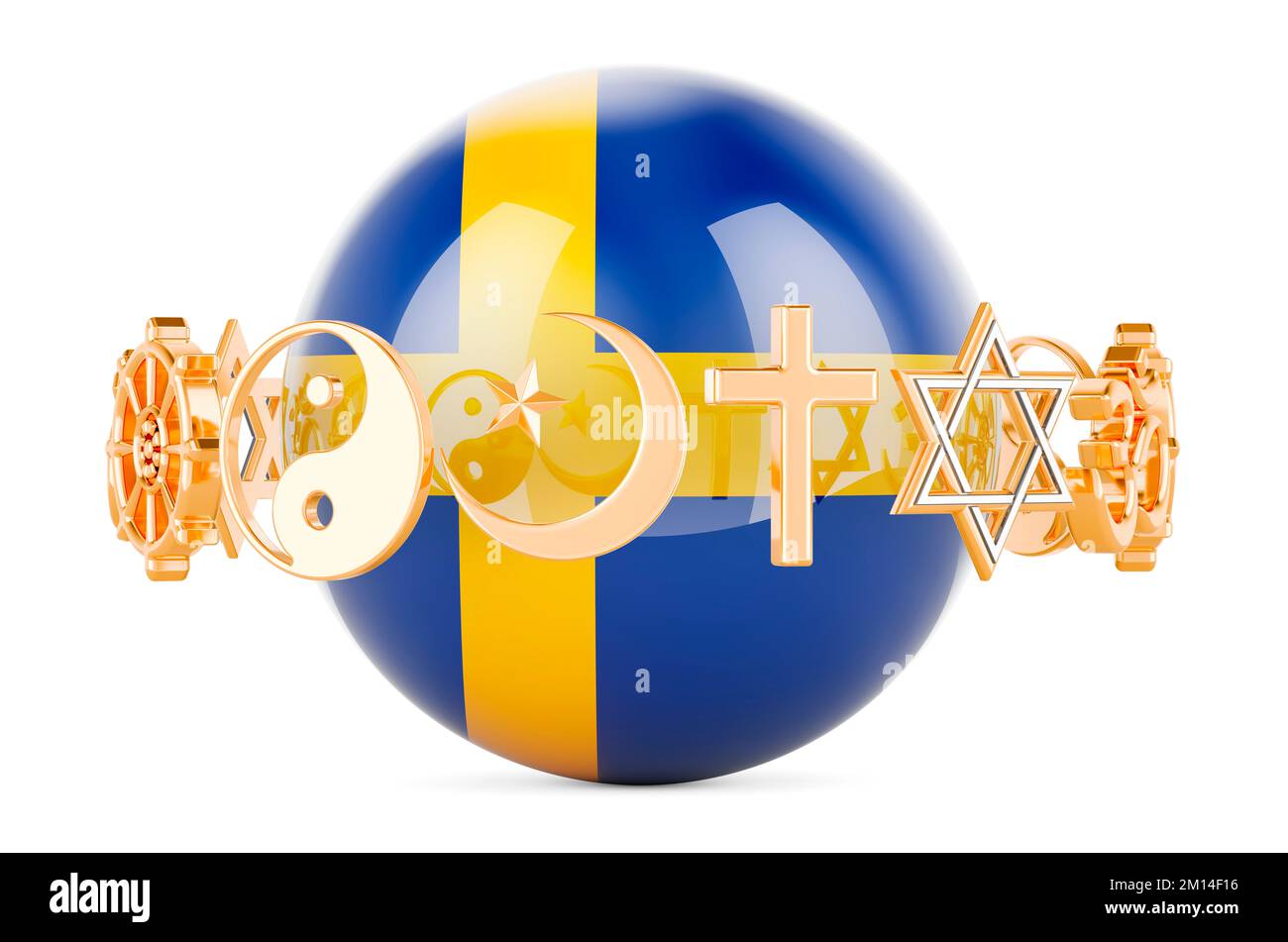 Swedish flag painted on sphere with religions symbols around, 3D rendering isolated on white background Stock Photo