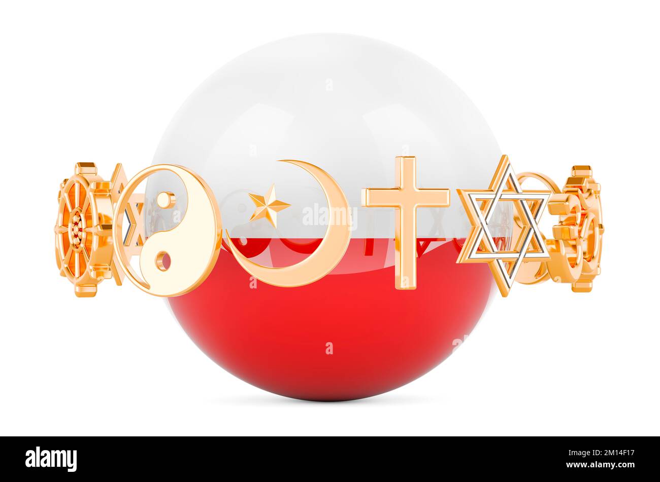 Polish flag painted on sphere with religions symbols around, 3D rendering isolated on white background Stock Photo