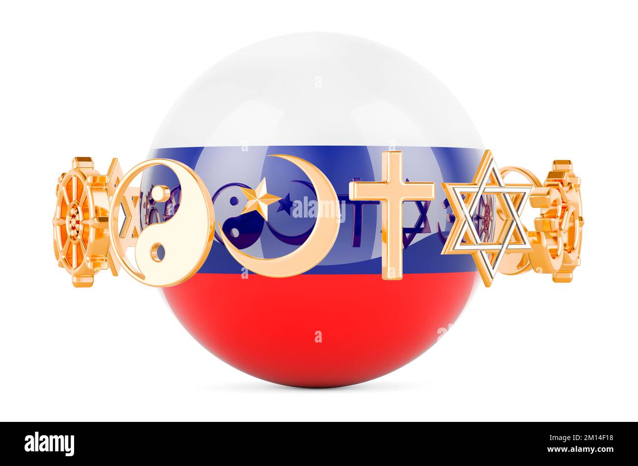 Russian flag painted on sphere with religions symbols around, 3D rendering isolated on white background Stock Photo