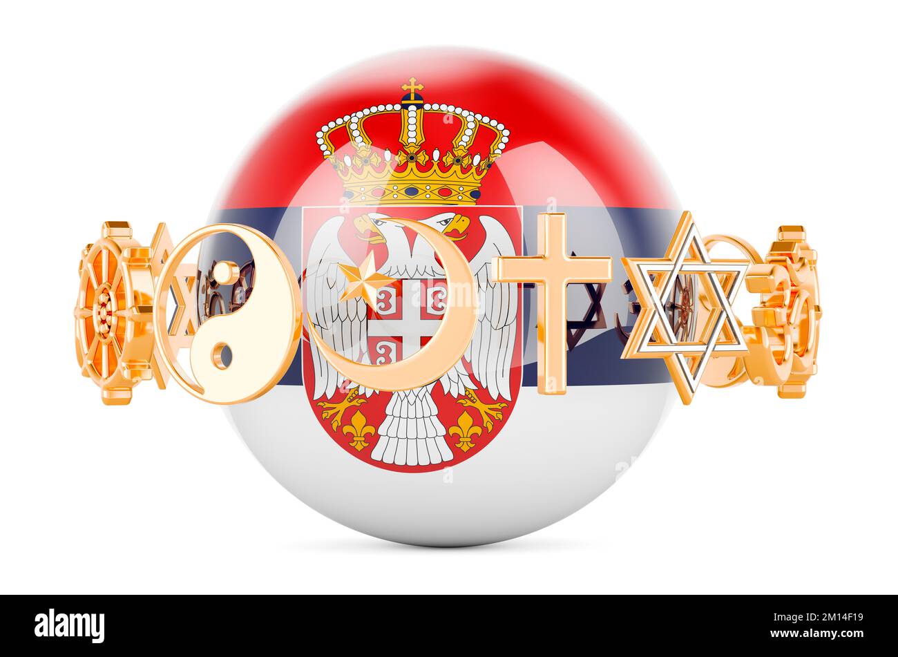 Serbian flag painted on sphere with religions symbols around, 3D rendering isolated on white background Stock Photo