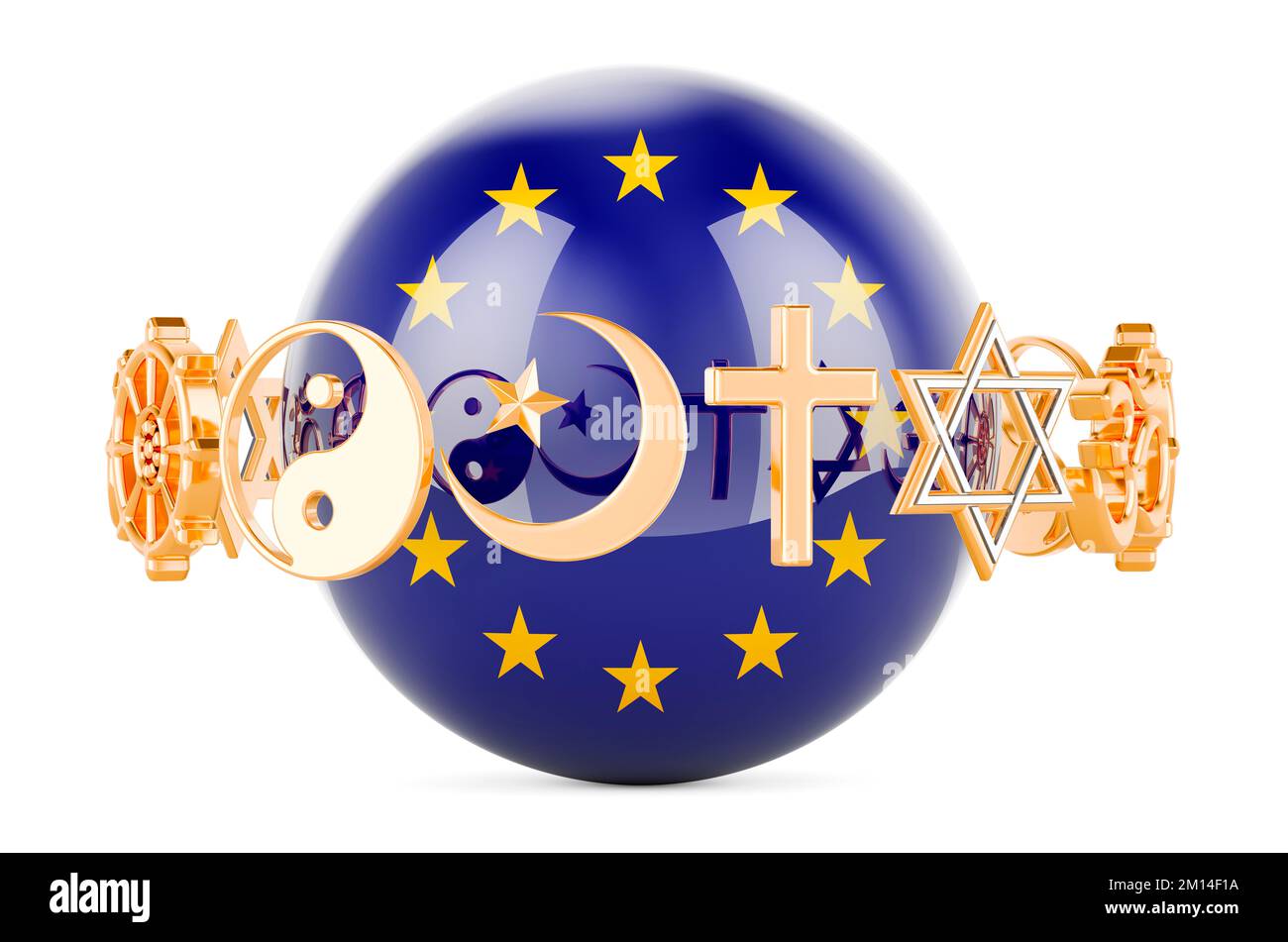 The EU flag painted on sphere with religions symbols around, 3D rendering isolated on white background Stock Photo