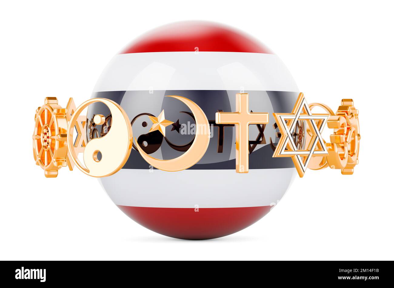 Thai flag painted on sphere with religions symbols around, 3D rendering isolated on white background Stock Photo