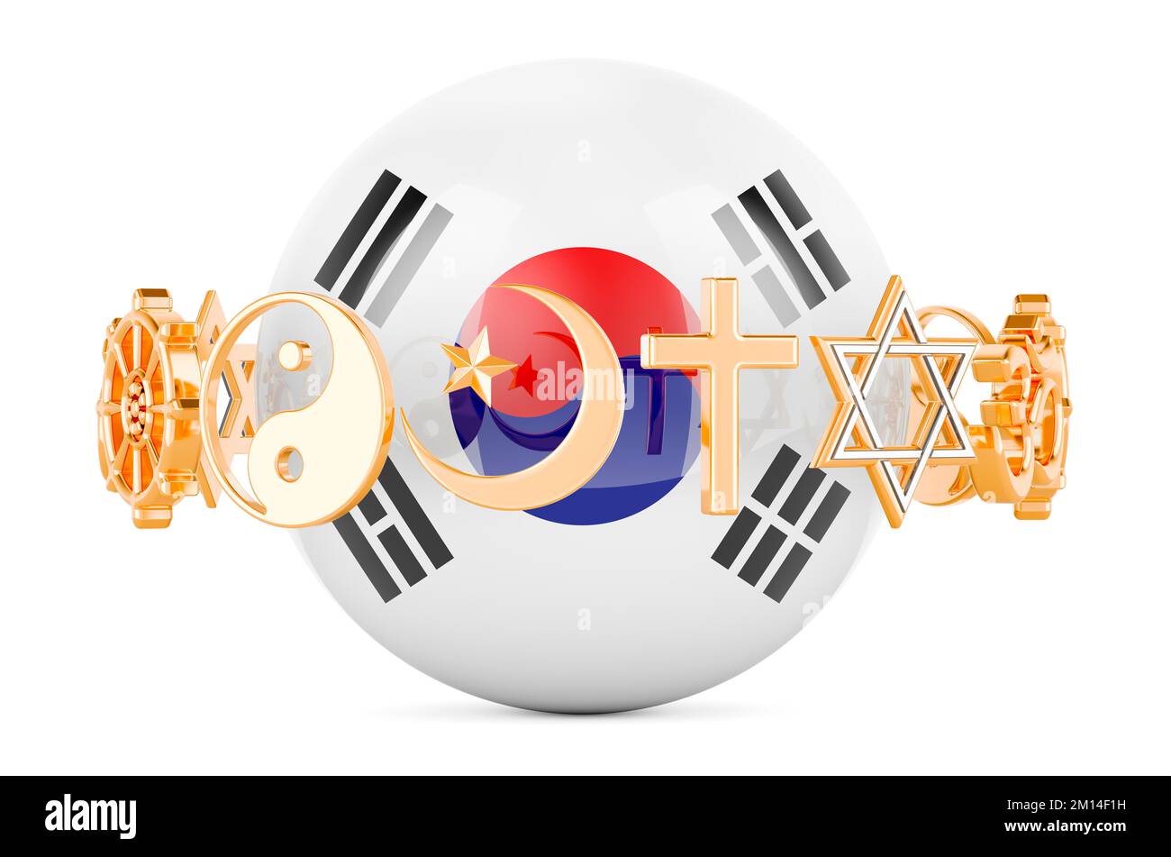South Korean flag painted on sphere with religions symbols around, 3D rendering isolated on white background Stock Photo