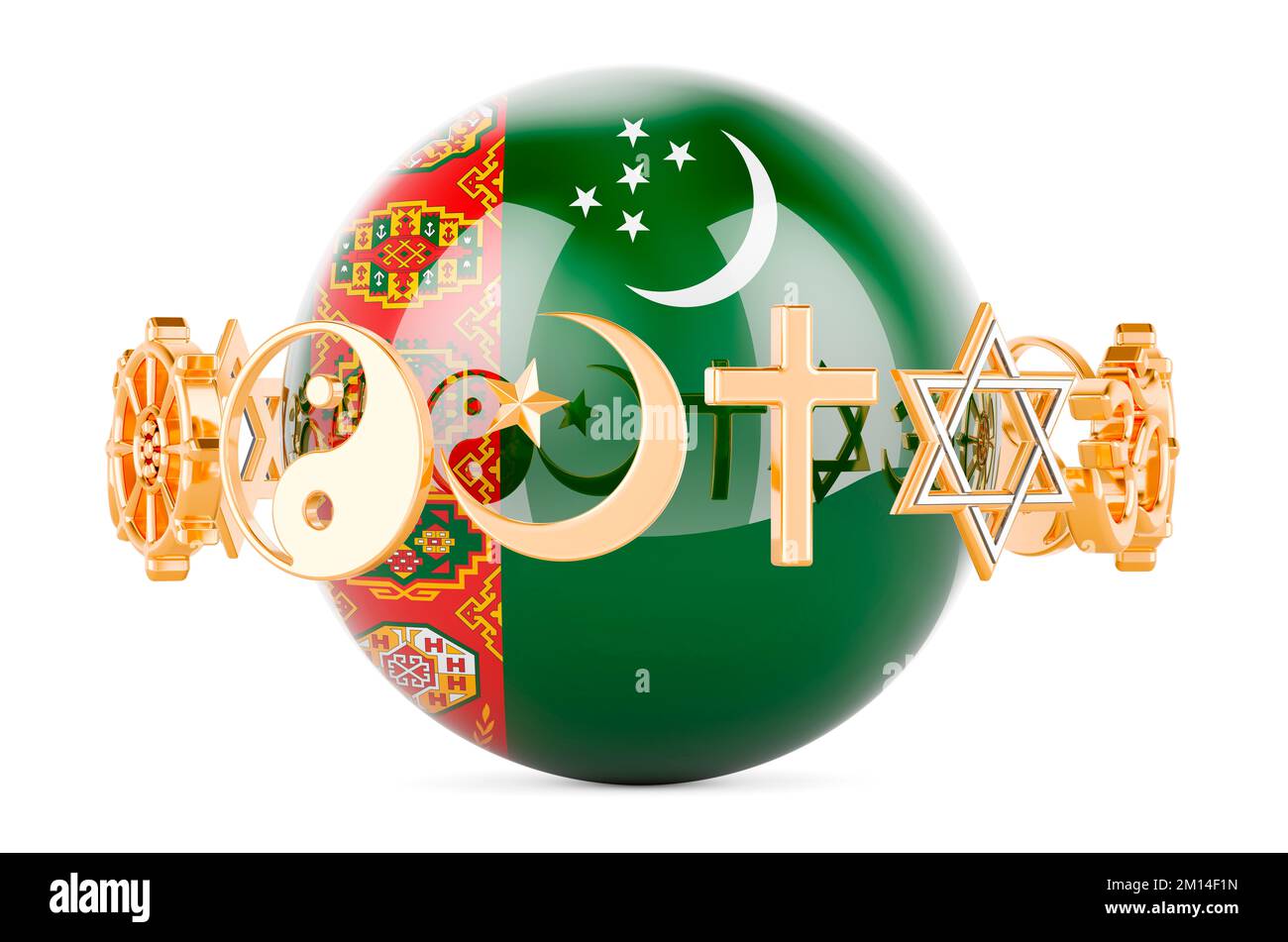Turkmen flag painted on sphere with religions symbols around, 3D rendering isolated on white background Stock Photo