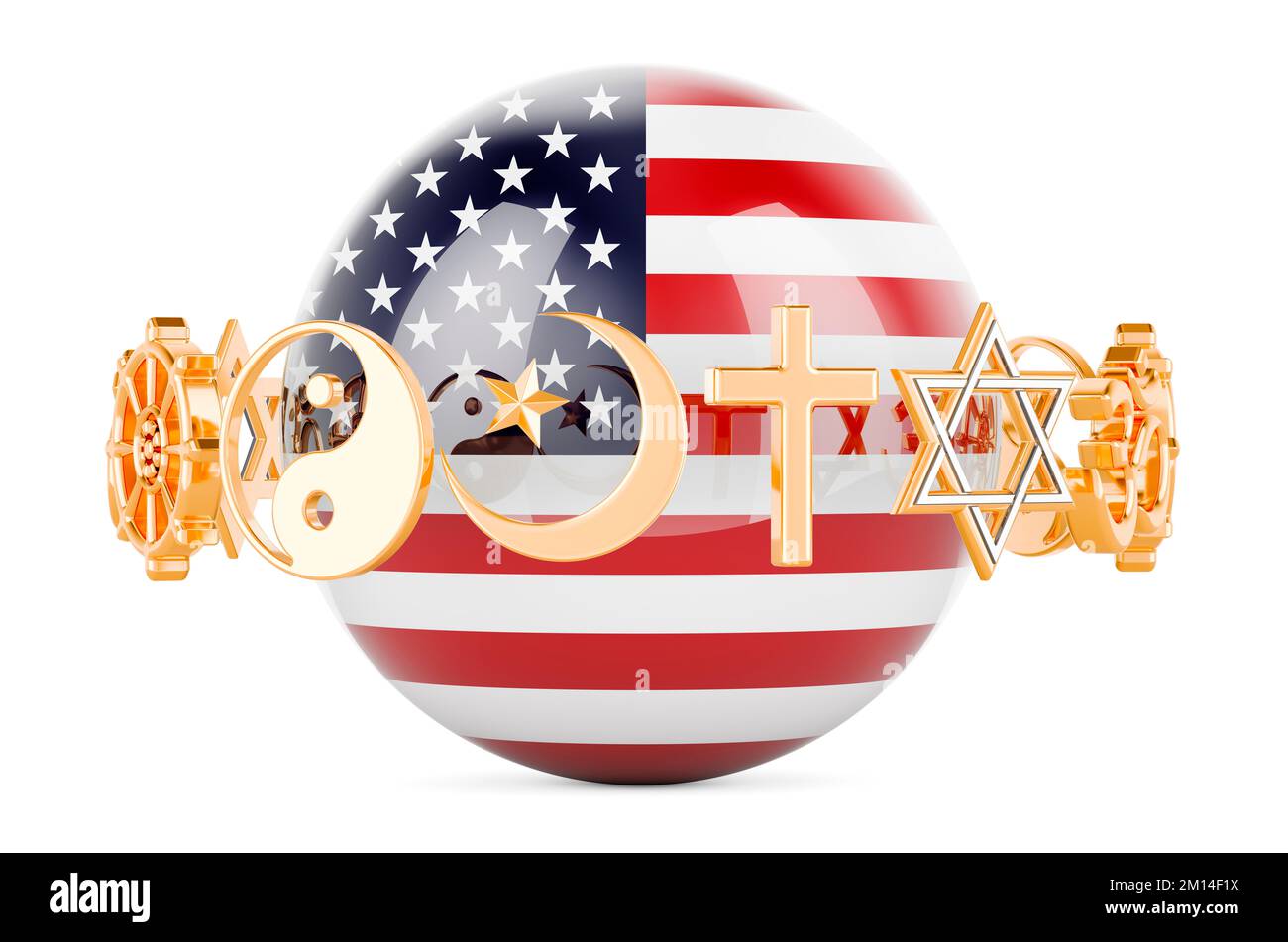 The United States flag painted on sphere with religions symbols around, 3D rendering isolated on white background Stock Photo