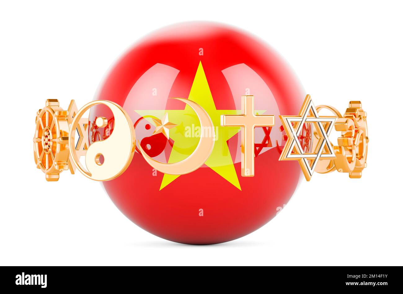 Vietnamese flag painted on sphere with religions symbols around, 3D rendering isolated on white background Stock Photo