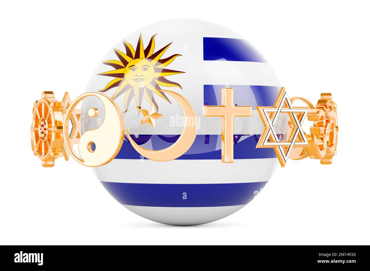 Uruguayan flag painted on sphere with religions symbols around, 3D rendering isolated on white background Stock Photo