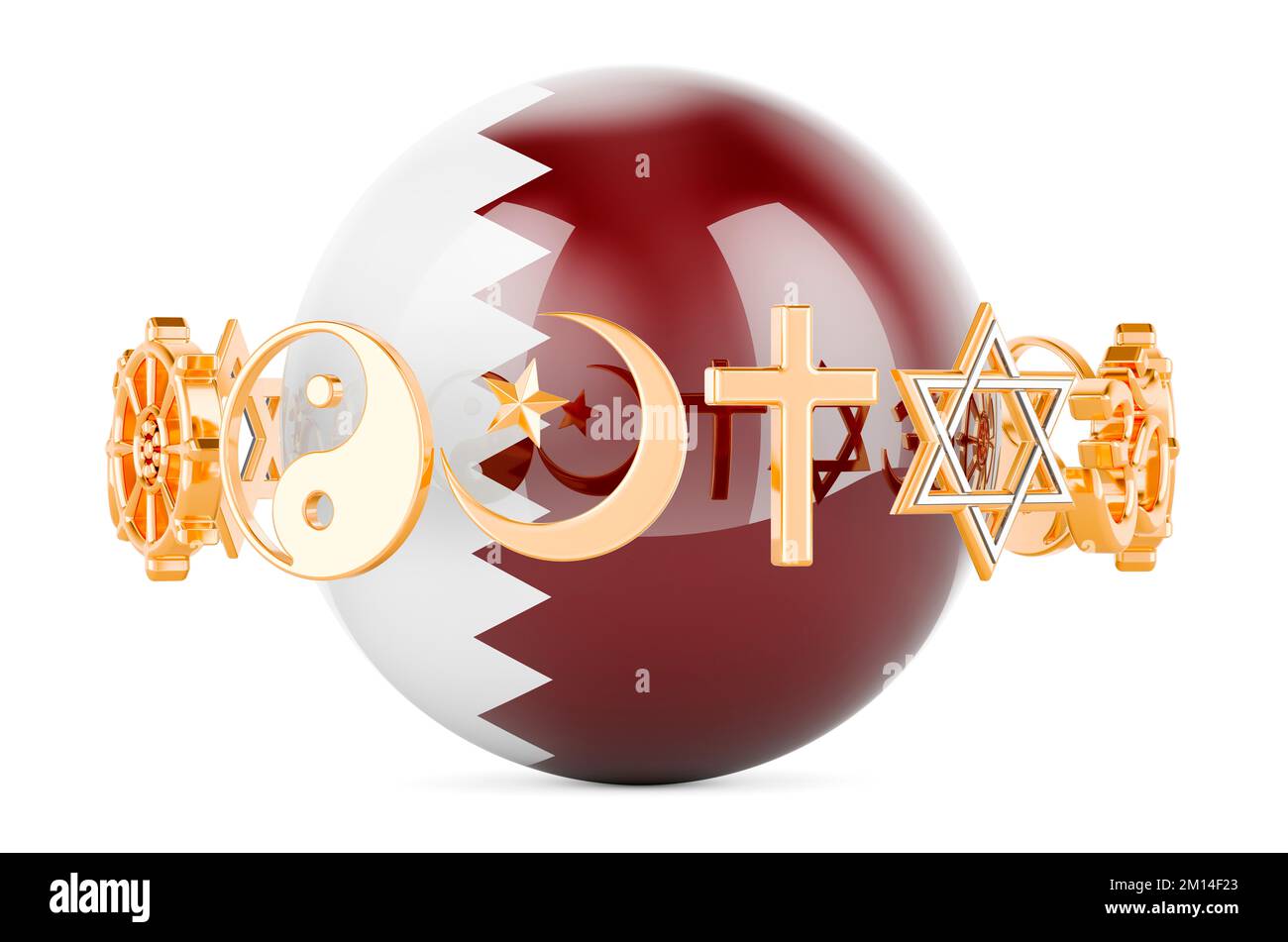 Qatari flag painted on sphere with religions symbols around, 3D rendering isolated on white background Stock Photo