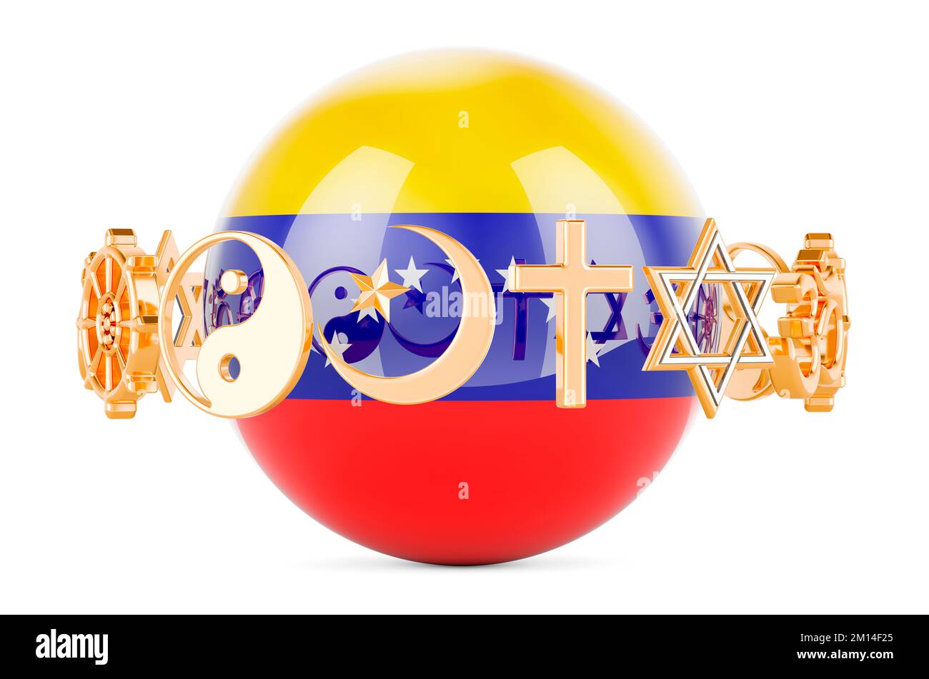 Venezuelan flag painted on sphere with religions symbols around, 3D rendering isolated on white background Stock Photo