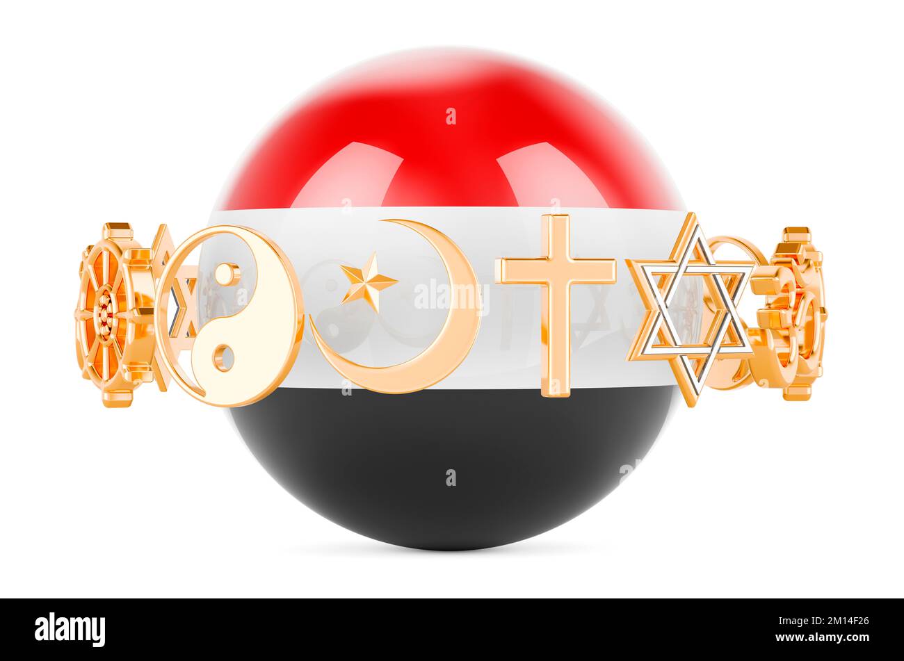 Yemeni flag painted on sphere with religions symbols around, 3D rendering isolated on white background Stock Photo