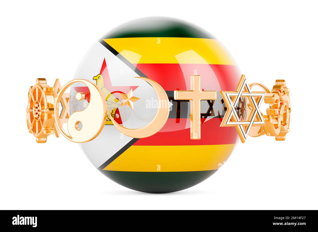 Zimbabwean flag painted on sphere with religions symbols around, 3D rendering isolated on white background Stock Photo