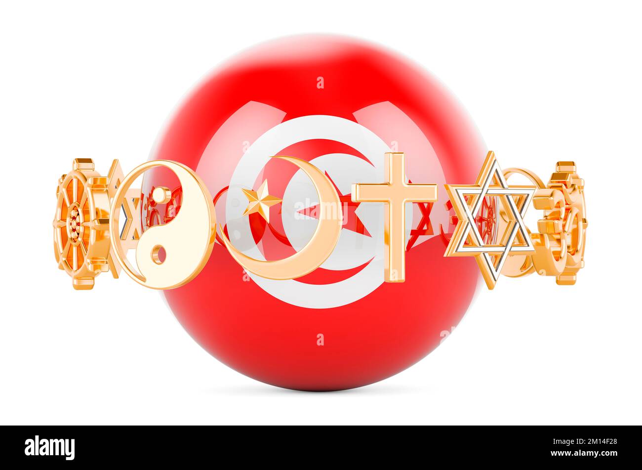 Tunisian flag painted on sphere with religions symbols around, 3D rendering isolated on white background Stock Photo
