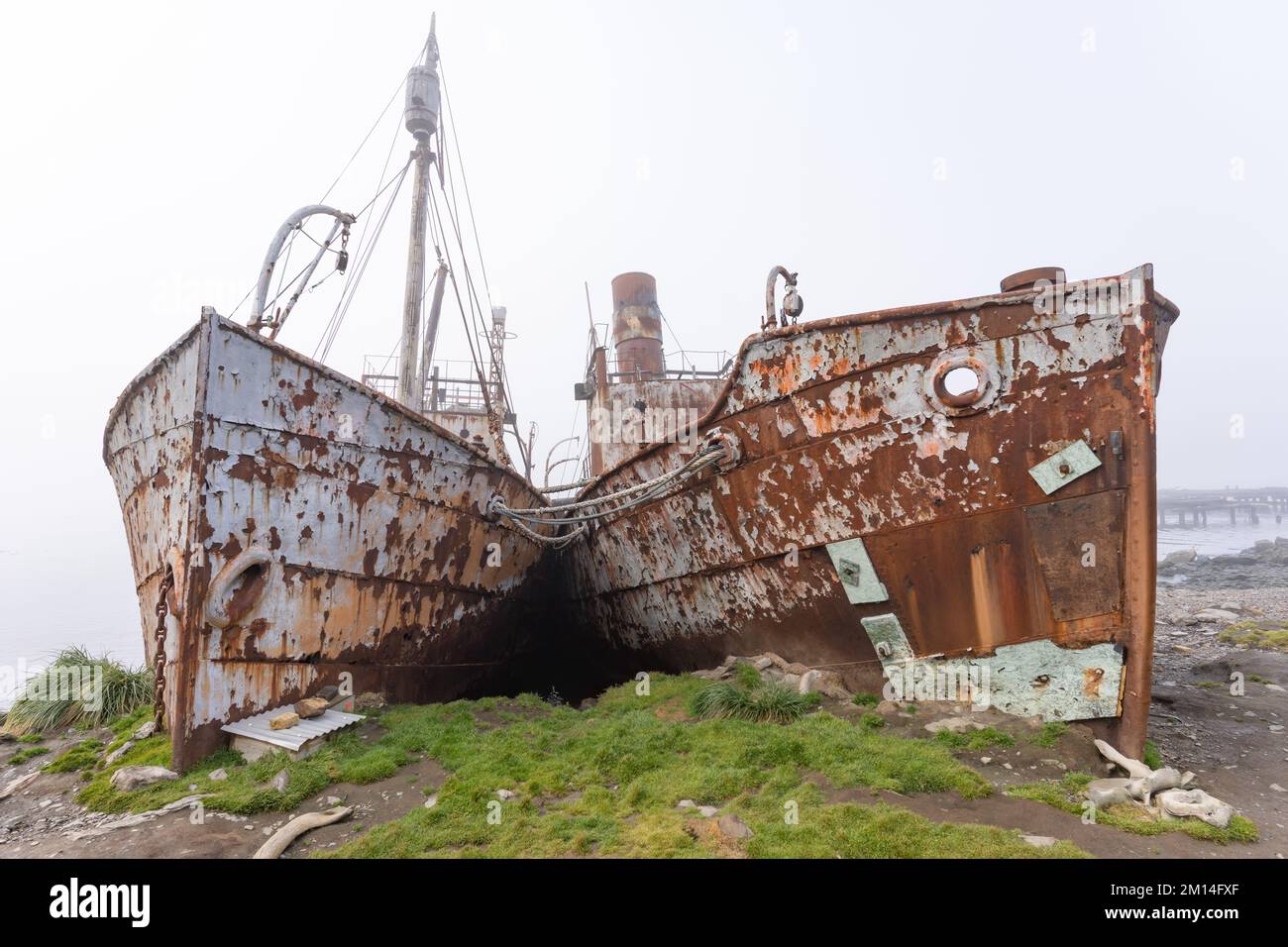 Old, rusty whaling ships and processing facilities at a now abandoned ...