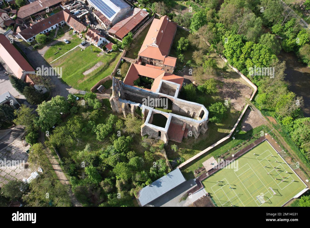 An aerial shot of the ruins of the Rosa Coeli ancient Catholic monastery Stock Photo