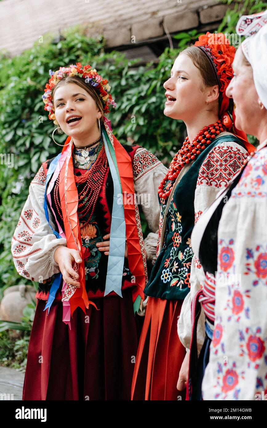 The Ukrainian folk song and dance ensemble in national costumes holds a