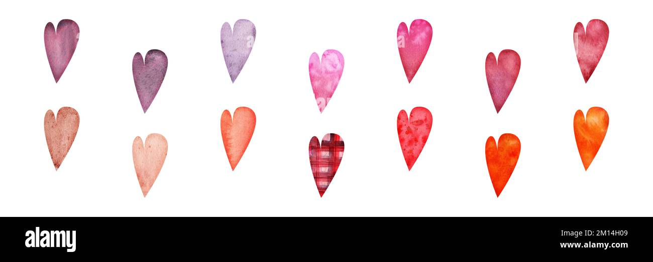 Watercolor hand drawn set of objects, textured red, pink and purple ...
