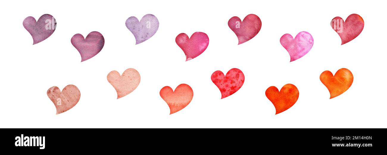 Watercolor hand drawn set of objects, textured red, pink and purple ...