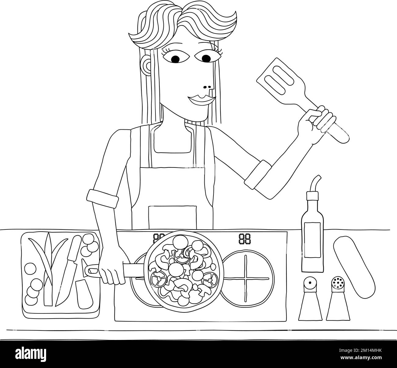 Woman Cooking Vegetable Curry Chinese Food Kitchen Stock Vector